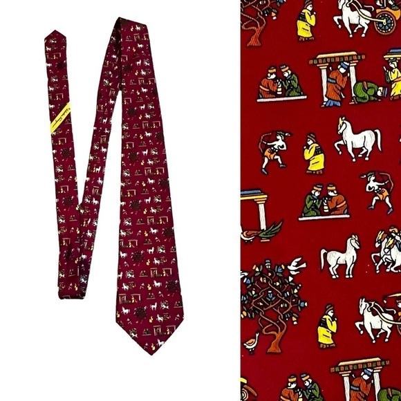 Salvatore Ferragamo 100% Silk Neck Tie Asian Horses People Micro Print Red Italy - Picture 1 of 7